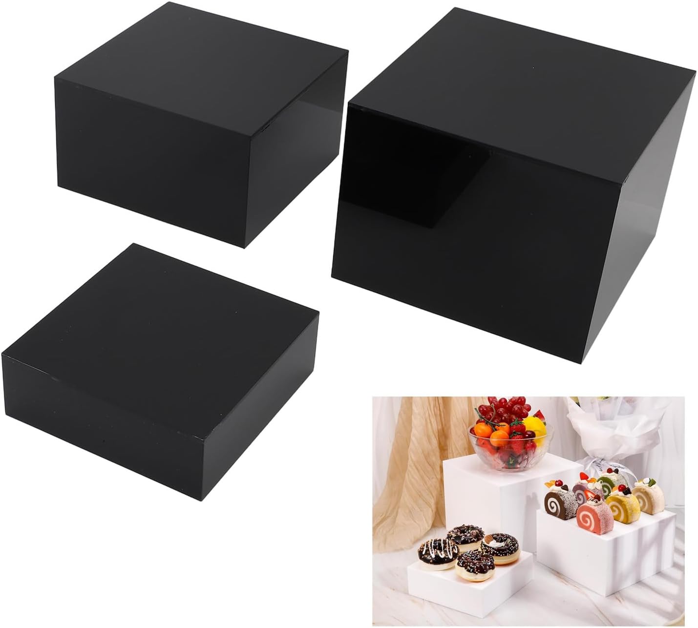3Pcs Acrylic Risers Display Stands Food Risers Dessert Table Buffet for Cakes Snacks Jewelry with Glossy Appearance Easy Wash (Black)
