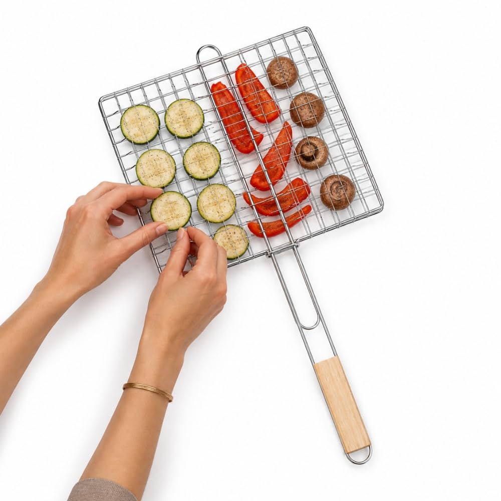 Double Grille Barbecue Carrée en Acier Chromé, 25x25 cm, Lot de 2, Manche Ergonomique, pour Viandes, Poissons et Légumes