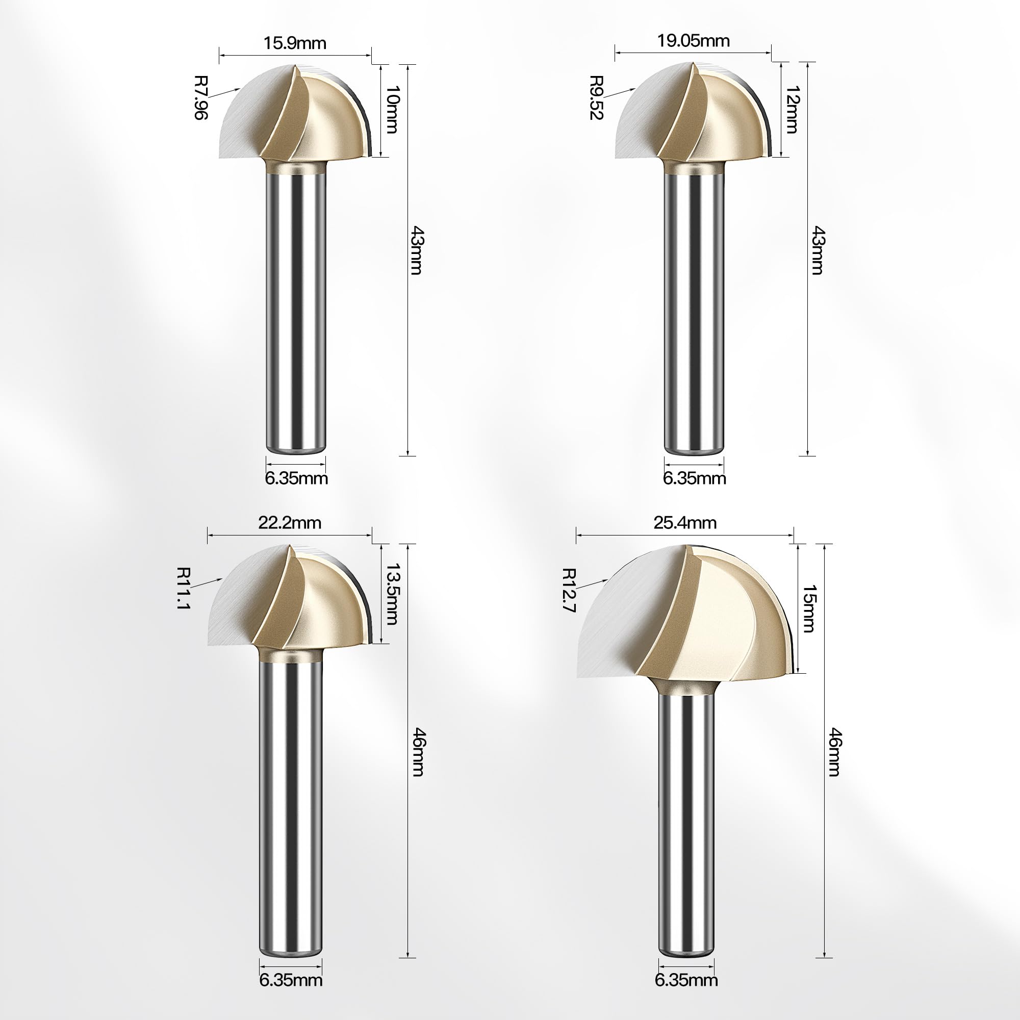 HUHAO Set di 4 punte per fresa a punta tonda con gambo da 1/4 di pollice, in carburo massiccio, a doppia scanalatura, 1,6 cm, 1,9 cm, 2,2 cm, 2,5 cm, diametro di taglio, per fai da te, progetti di