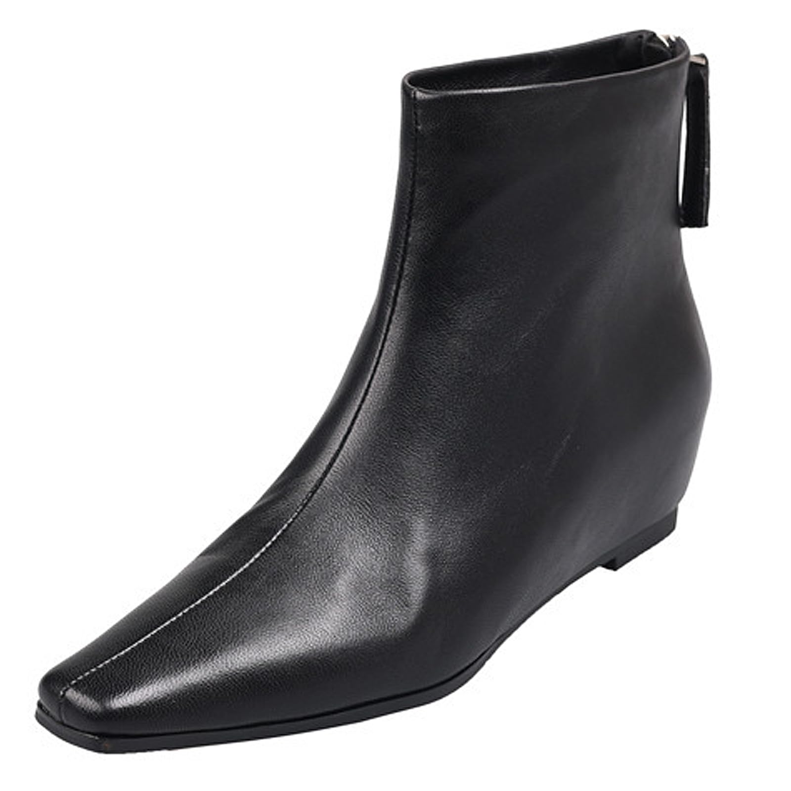Womens Leather Hidden Wedge Dress Ankle Boots Pointed Toe Slip On Back Zipper Invisible Wedge Low Heel Short