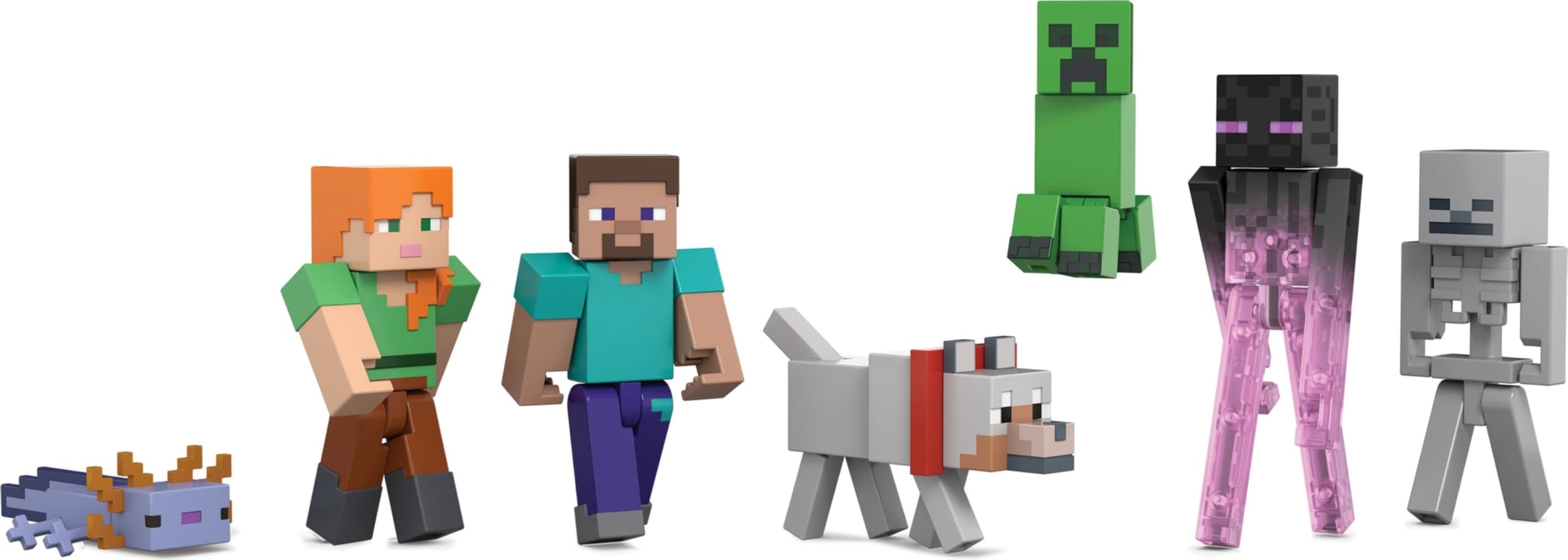 Minecraft Set of 7 Action Figures, World Builder Pack, 8.3cm Scale Character Collection, Includes Steve, Ari, Enderman and More