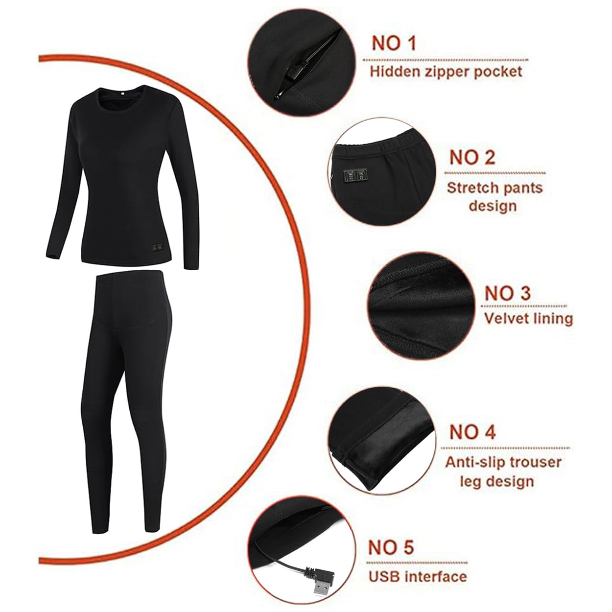 Damska podgrzewana bielizna termiczna, 28 stref Fever Soft Fleece Lined USB Electric Heat Base Layer Long Johns Suit
