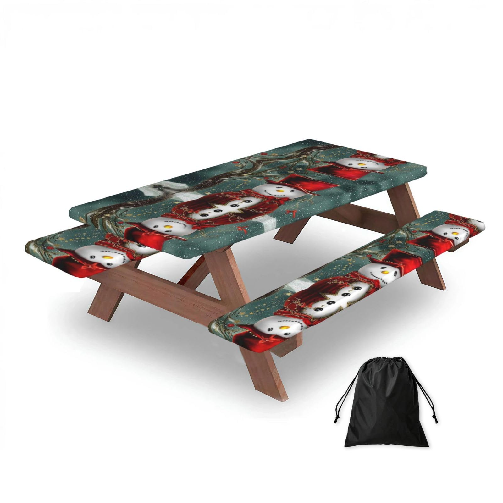 ESNAIUVCD Christmas Print Picnic Table Cover With Bench Covers,Camping Essentials,Fitted Tablecloth Cover With Elastic Edge, For Indoor & Outdoor 3 Pcs