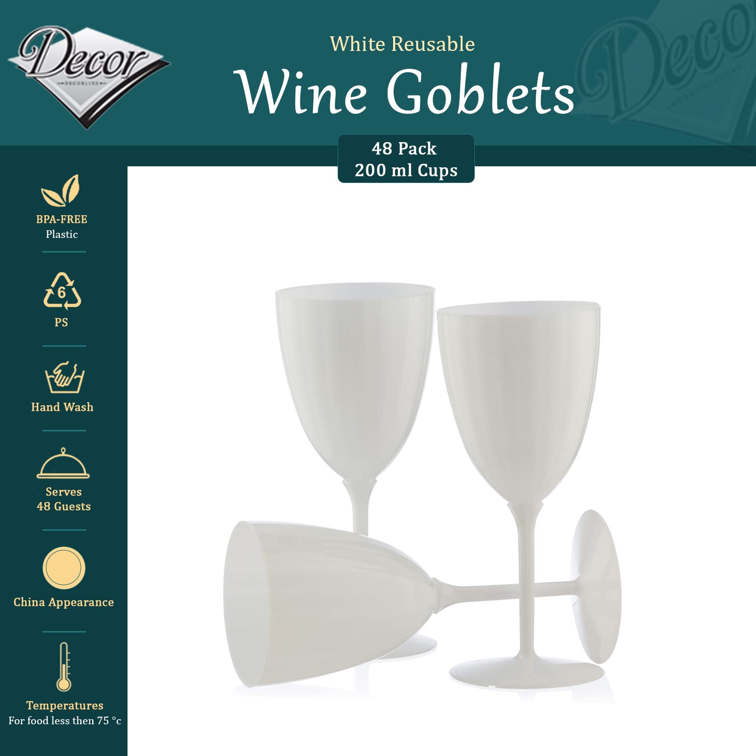 Decor Decorline - 48 x Gobelets à vin en Plastique Rigide de Qualité Supérieure des Verres à Vin - Blanc - pour les Mariages et Fêtes, 200 ml - Réutilisables et Stables