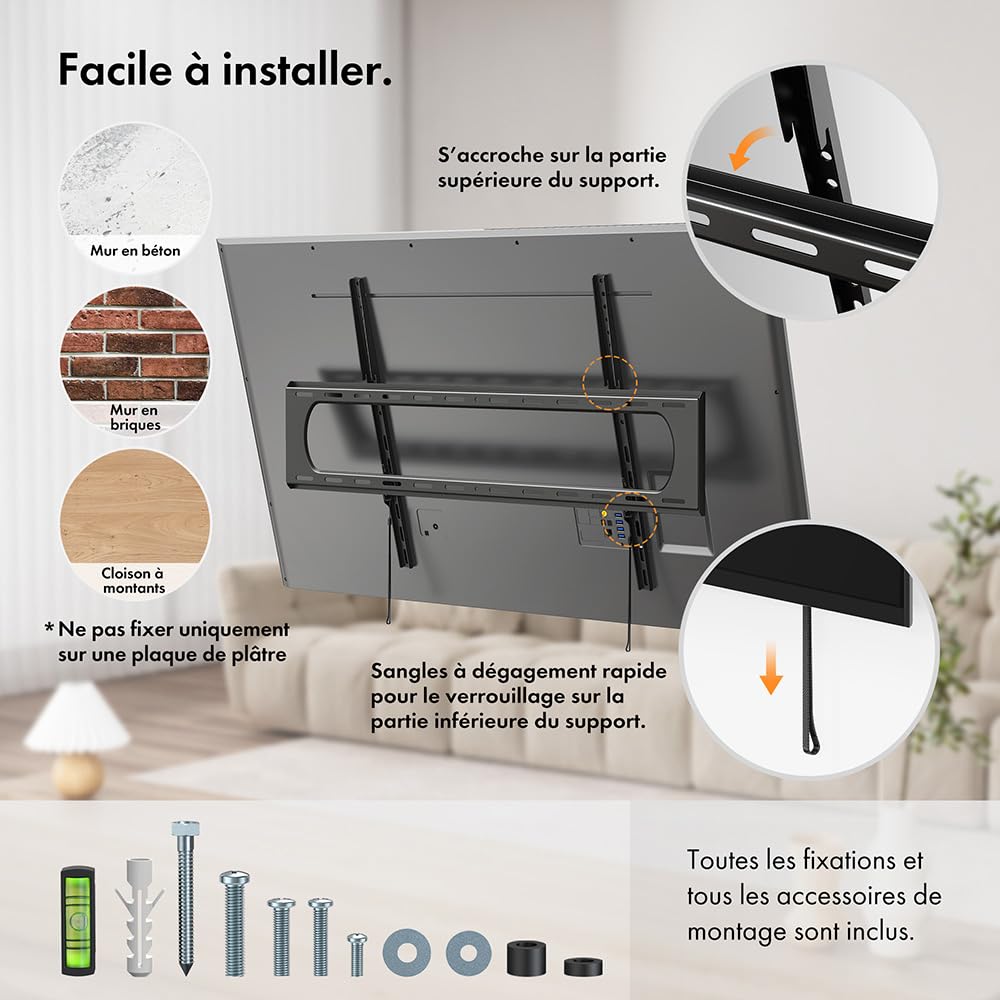 Vonhaus Support TV Mural pour Écrans 60-120 pounces, Ultra-Fin avec Niveau à Bulle, Fixation TV Murale Plate, Capacité 120kg, VESA Max : 900x600mm