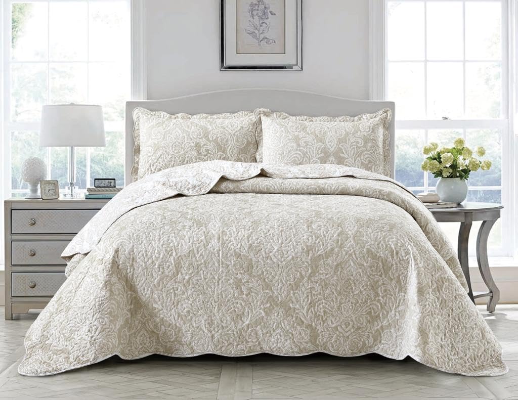 Householdfurnishing 3 Piece Printed Patchwork Bedspread Quilted Bed Throw Comforter with Pillow Shams (Damask Beige, Single) — image 1