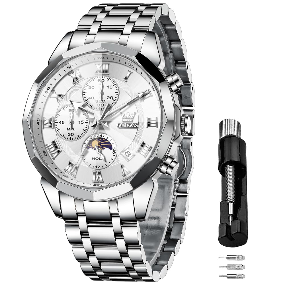OLEVS Männer Uhr Quarz Luxus Business Uhren Multifunktion Chronograph Mondphase wasserdicht Leuchtend Edelstahl Armbanduhr