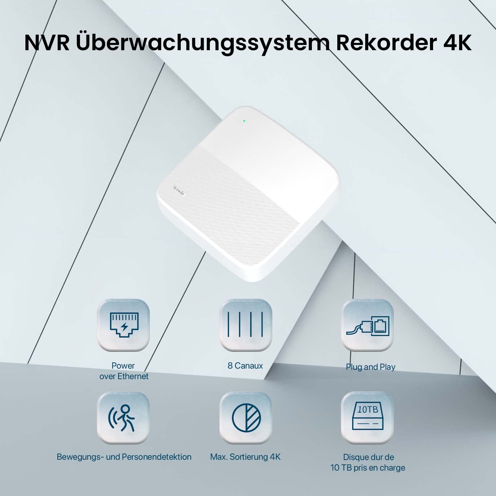 Tenda NVR Überwachungssystem Rekorder 4K, 8CH PoE NVR Recorder, 250m Langstreckenübertragung, H.265+, Plug und Play, HDD(bis zu 10TB)/Cloud Storage, 4KV Blitzschutz, APP Fernüberwachung, N6P-8H