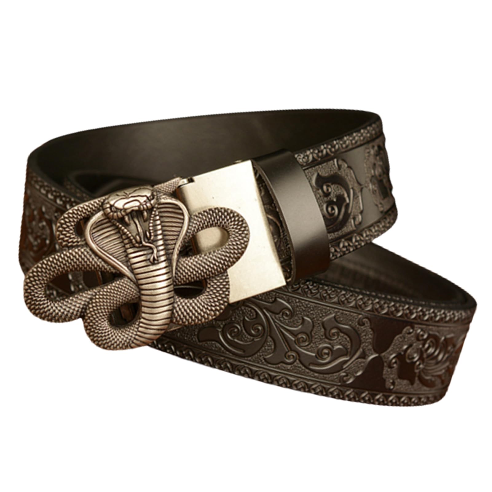 Cinturón De Cuero Con Trinquete Deslizante En Relieve Floral Patrón Serpiente 3D, Ocio Ajustable Hebilla Automática Hecho A Mano (cintura 125 Cm/42 "~ 44", Negro)
