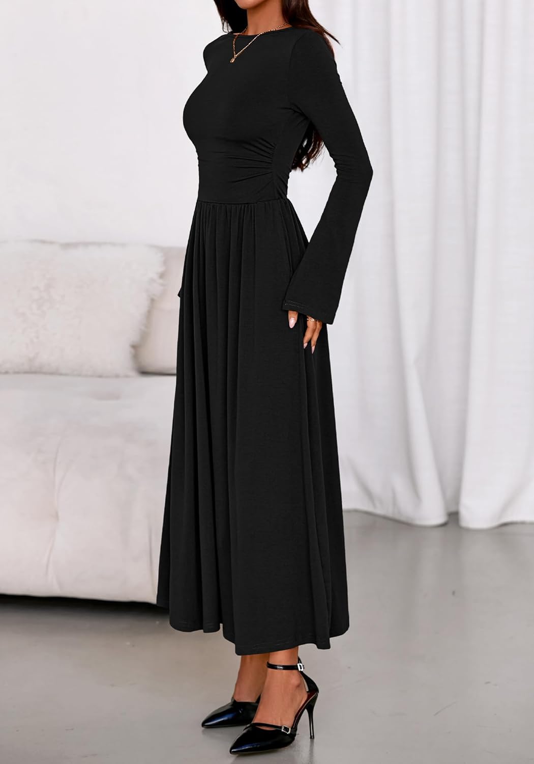 BTFBM Long Sleeve Maxi Dresses for Women 2025 Fall Casual Ruched Boat Neck Flowy Elegant Formal Wedding Guest Dress - Image 4