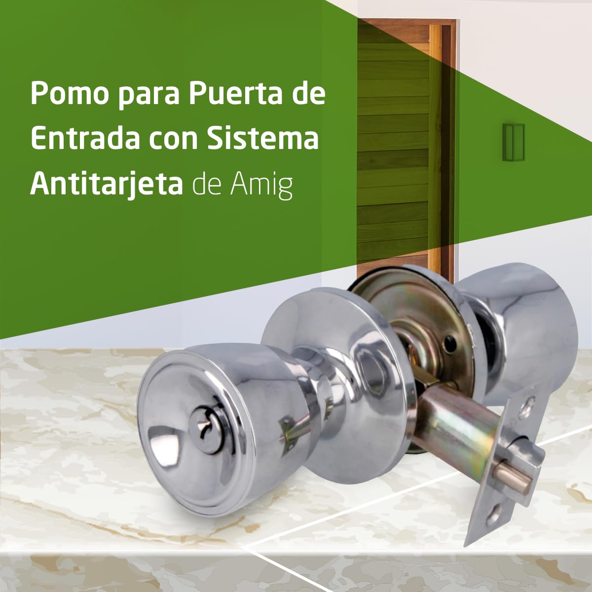Amig - Juego de Pomos para Puerta de Entrada Interior - Para Puertas de Madera 35‑45 mm - Picaporte 60/70 mm con Condena Interior - Instalación con Agujero Ø54 - Latón Cromado brillo - Mod. 600