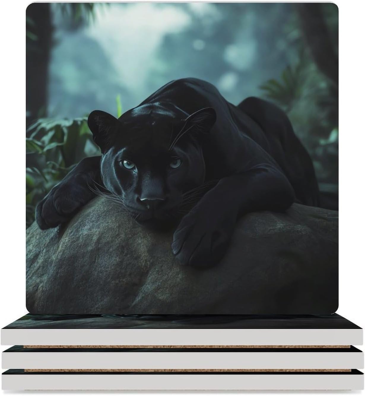 Black Leopard Wildlife Animal Ceramic Coasters Set Square Drink Coasters Table Coaster for Kitchen Desktop Decor