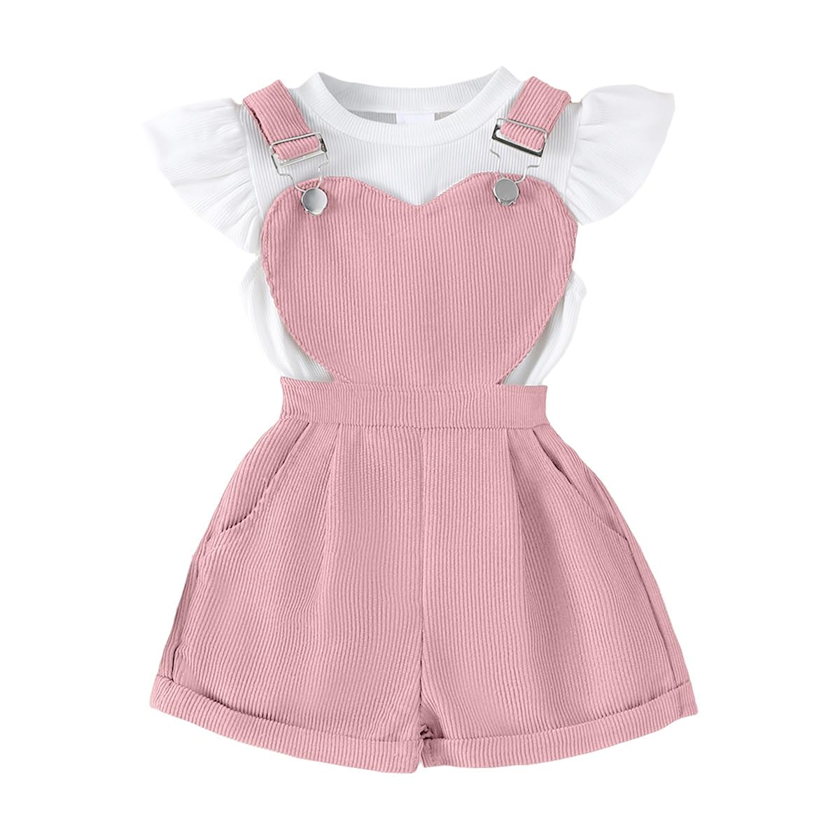 Conjunto Bebé Niña Peto de Verano, Manga Corta Top Acanalado Con Volantes + Ajustable Estampado Floral/Corazones Peto Corto Primavera Conjuntos — view 11