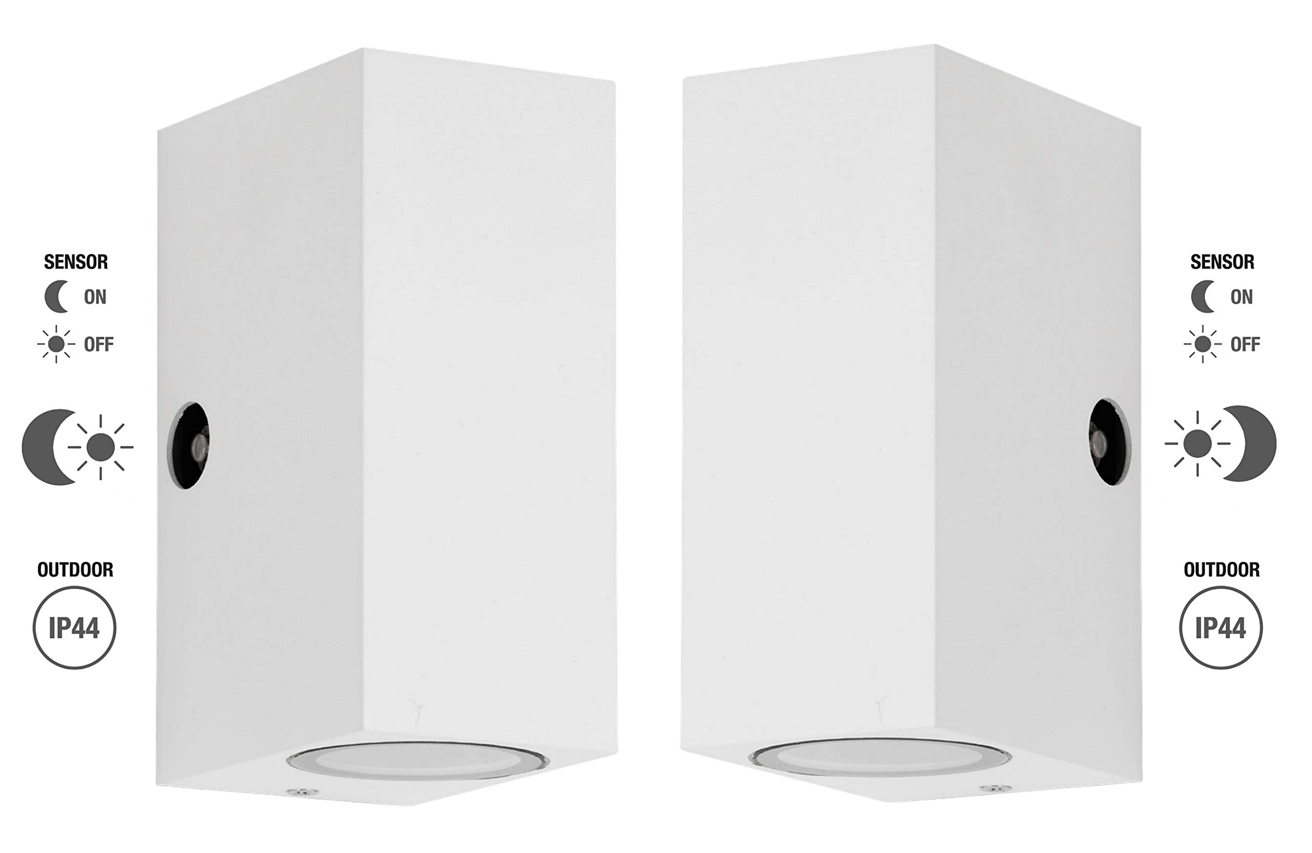 Trango 2er Pack IP44 Up & Down Light 8013-SSW2 Strahler in Weiß Eckig mit Dämmerungssensor (Tag & Nacht Schalter) Wandleuchte, Wandstrahler aus Alu-Druckguss inkl. 2x GU10 Fassung (ohne Leuchtmittel)