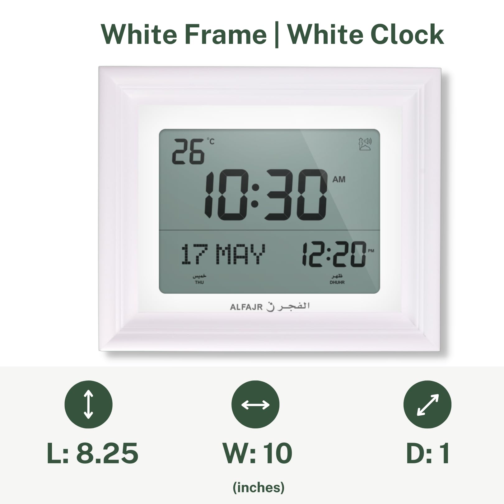 ALFAJR CF-19 Horloge de prière numérique automatique avec cadre amovible Blanc