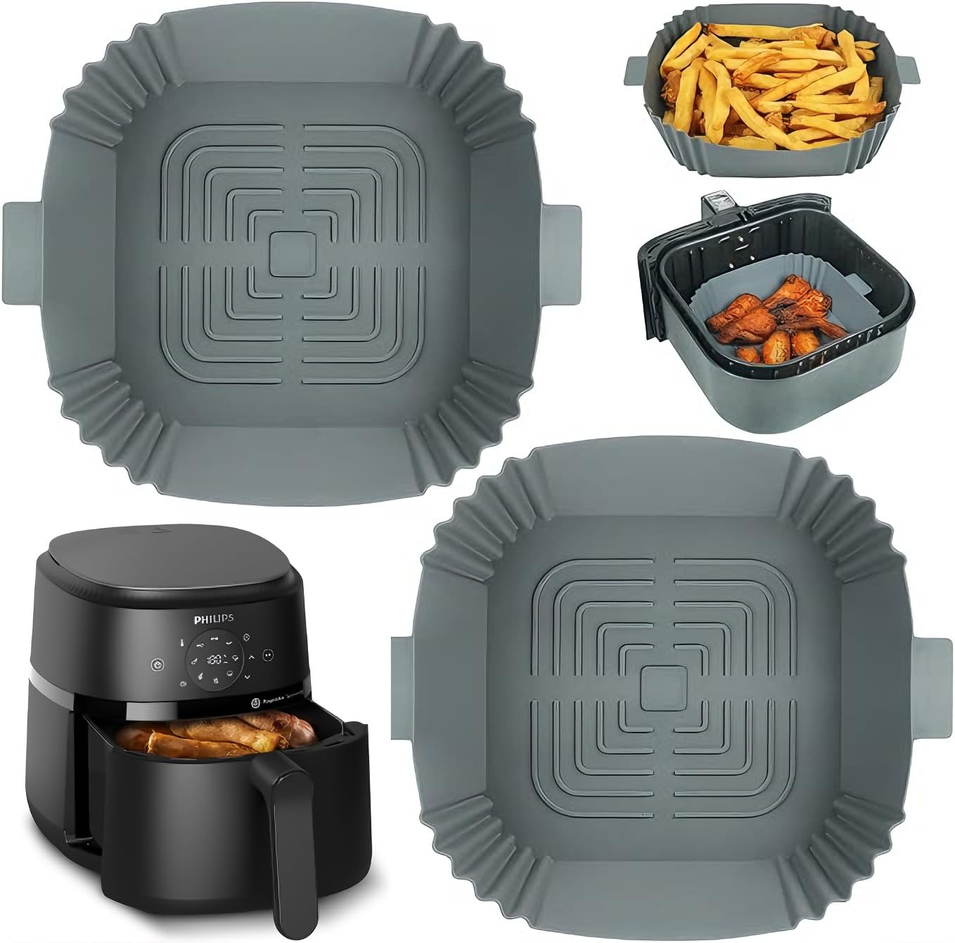 GINOYA 2PCS Silicone Air Fryer Liners for Tefal 4.2L/5L COSORI 3.5L/4.7L/5.5L, 8 inch Square Air Fryer Accessories for Ninja 6.2L Instant 3.8L FABULETTA 4L Philips 2000 series 4.2L(Inner 6.5Inch)