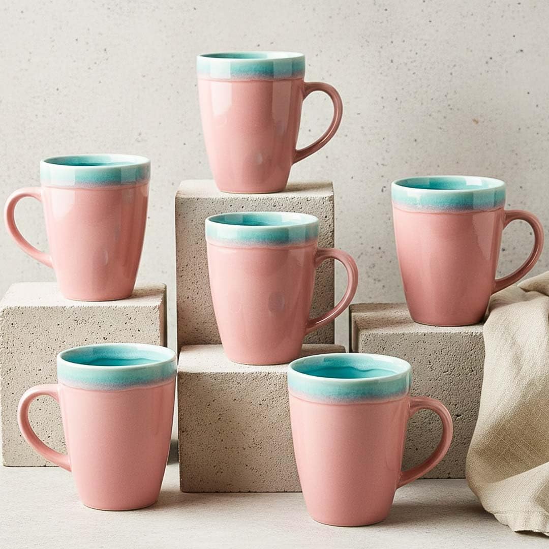 - Pink Flow Coffee Mug – 340ML Ceramic Coffee Mugs Set of 6 | Microwave & Dishwasher Safe Mugs for Gift | Home | Office | Restaurant | Daily Use Tea Mug