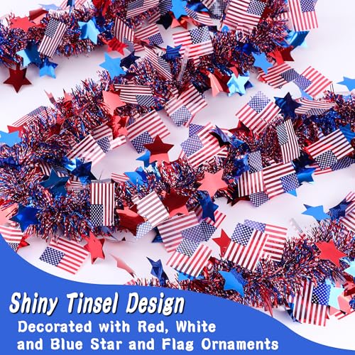 Image of 50FT Patriotic Tinsel Garland 4th of July Decorations, Red White Blue Star American Flag Garland Glitter Patriotic Garland for Fourth July Independence Day Memorial Day Decor Outdoor Indoor Home Party
