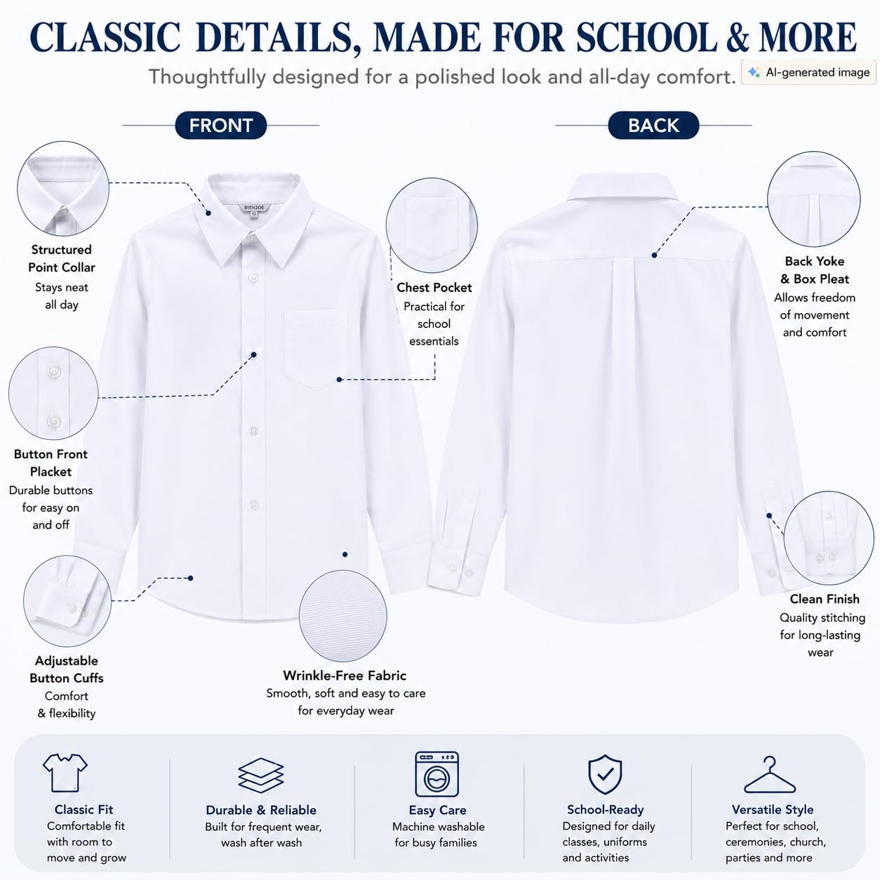 Bienzoe - Camisa Oxford de manga larga con botones para niño - Blanco - (10- 11 años)