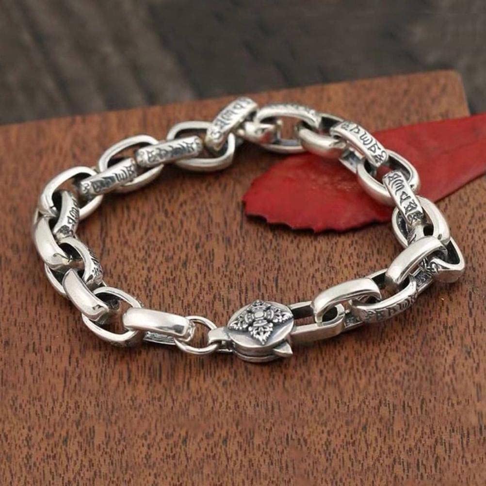 SIWAN Pulsera S925 de plata, pulsera simple retro Retrisex Buddhist Escritura Stick Silver Chain