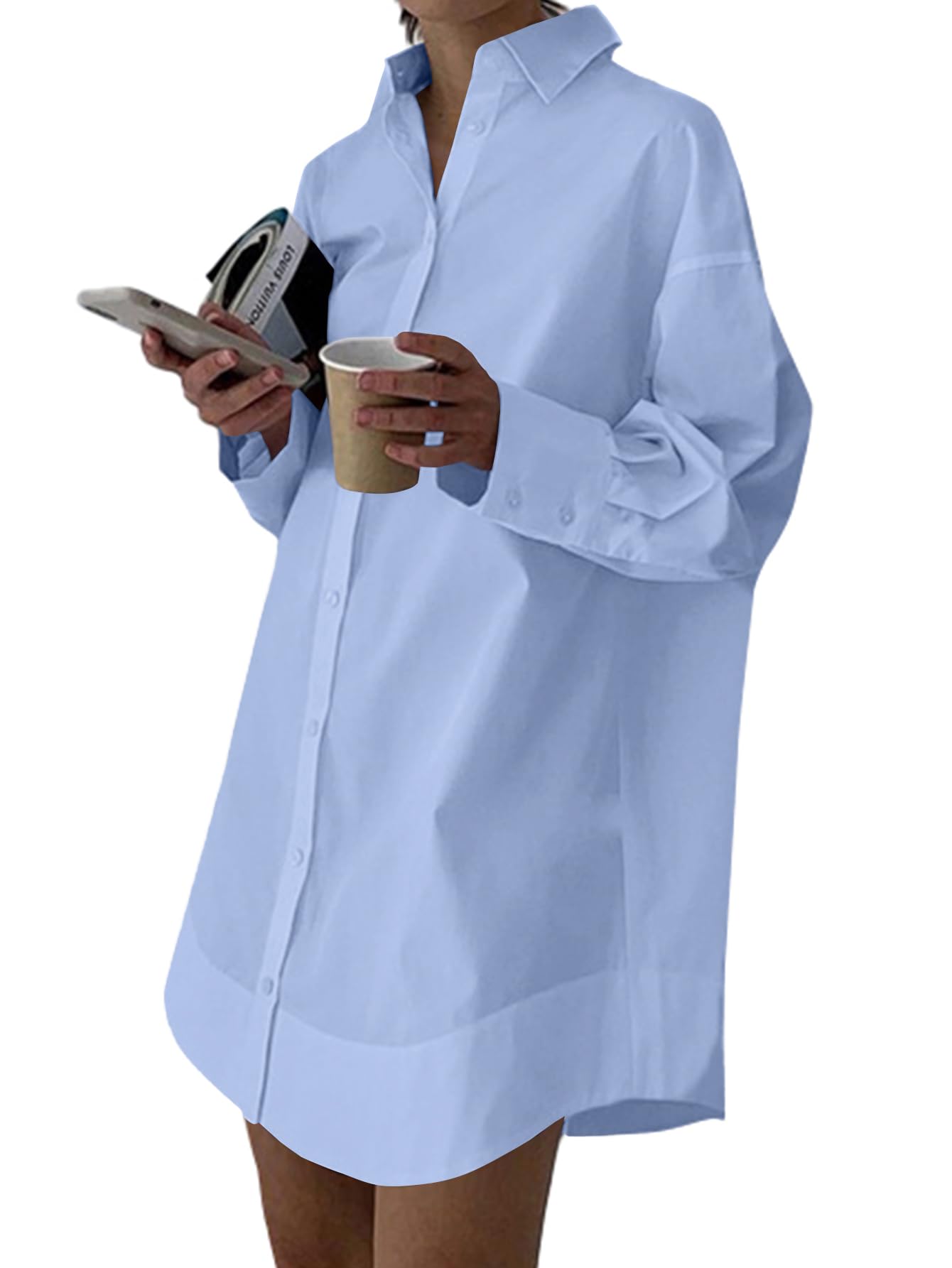 LYANER Womens Casual Shirt Dress Collar V Neck Button Down Loose Long Sleeve Mini Dresses