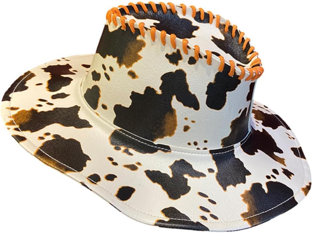Operitacx Wide Brim Cowgirl Sun Protection Hat Halloween Cow Print Leather Western Style Women’s One Size Sunhat Multi