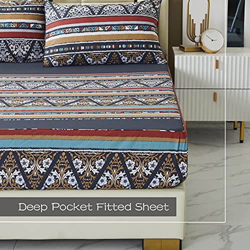 Fadfay Luxury Black Sheets Twin 100% Cotton 600 Tc Super Soft Aztec Bedding Boho Brown Teal Tribal Geometric Modern Bed Sheet Royal Paisley Printed Deep Pocket Fitted Sheet 17.5'' Set 4 Piece #TOP4