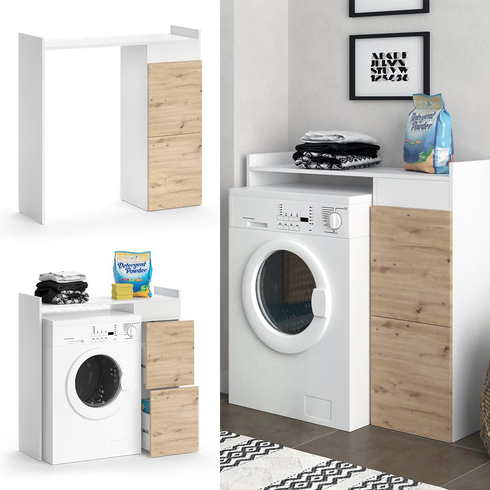 Vicco Armoire Machine à Laver Alf, Blanc, 99x98cm | avec 2 tiroirs, pour un rangement peu encombrant au-dessus de la machine à laver