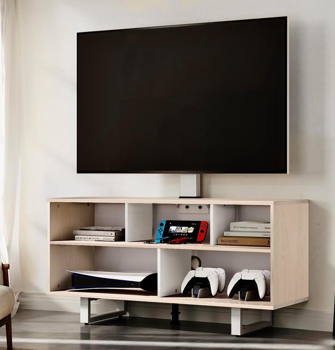 Suporte de TV FITUEYES com suporte para TVs de 32 a 70 polegadas, centro de entretenimento com console de madeira comporta at&eacute; 110 libras, suporte de TV de piso girat&oacute;rio para sala de estar, suportes de televis&atilde;o naturais para quarto