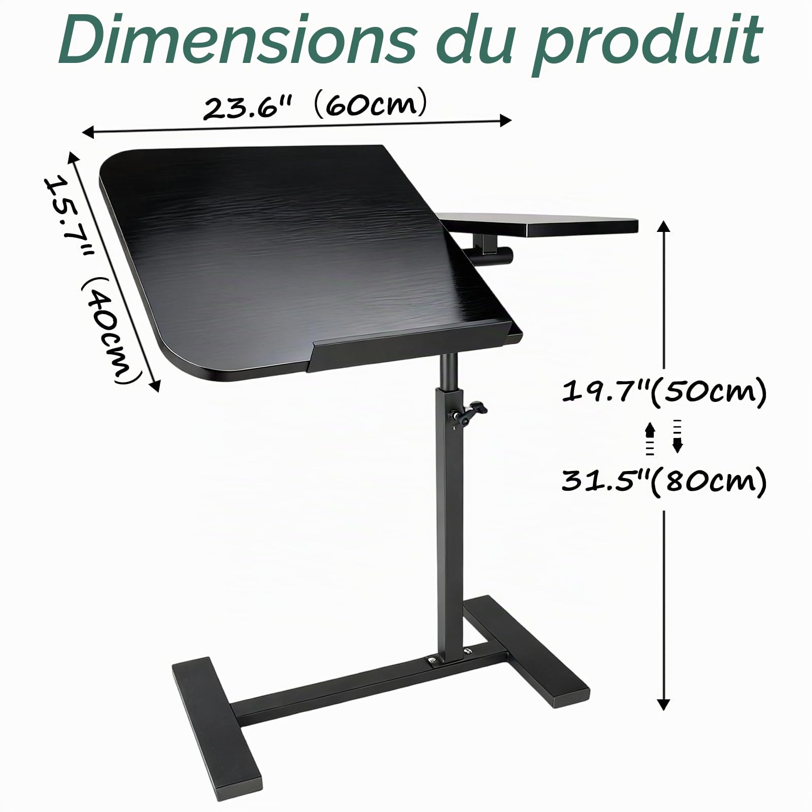 YYW Table de lit réglable à roulettes avec plateau à roulettes pour ordinateur portable et hôpital réglable en hauteur (noir)