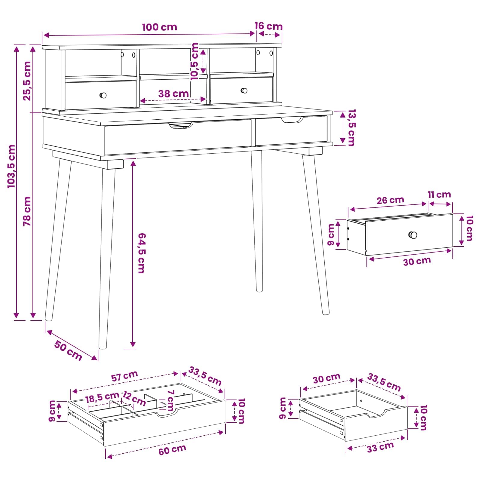 Schminktisch-Set FAUSKE 2 pcs Weiß 100 x 50 x 103,5 cm mit Spiegel Schubladen Hocker Stauraum für Schlafzimmer Jugendzimmer und Mädchen ideal für Make-up und Pflege