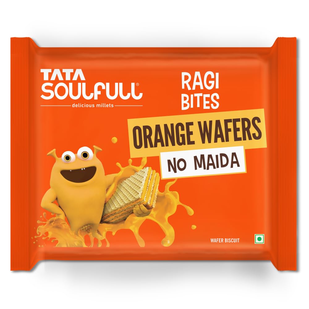 Tata Soulfull Ragi Bites Orange Wafers, No Maida, Orange Flavor, Wholesome Snack for Kids & Adults, 50g