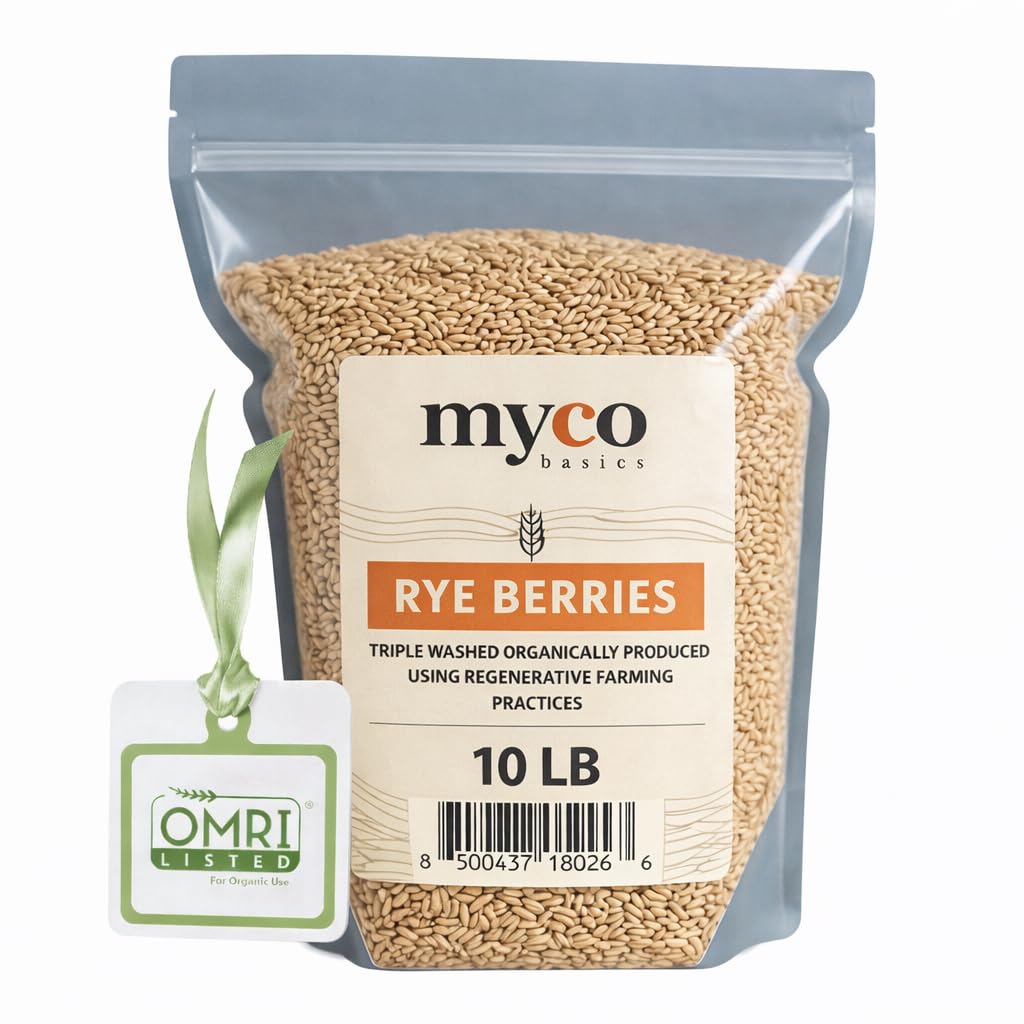 Bulk Rye Berries - Certified 100% Organic - Extra Clean - Great for Mushroom Spawn, Cooking, Brewing & Distilling - Triple Washed, non-GMO and in Resealable Bag - by Mycology Basics (10 lbs)