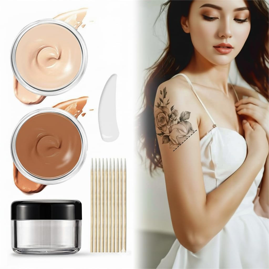 Tattoo Cover Up Makeup Waterproof - Full Coverage Concealer for Tattoos Scars Dark Spots Sweatproof Transfer-Resistant 2 Colors