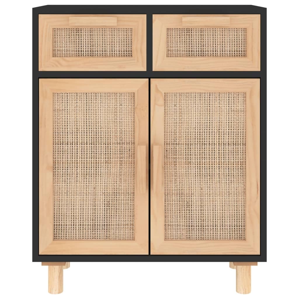 vidaXL Buffet Armoire de Rangement Organisateur de Maison Meuble de Salle de Séjour Intérieur Noir 60x30x75 cm Bois de Pin Massif et Rotin Naturel