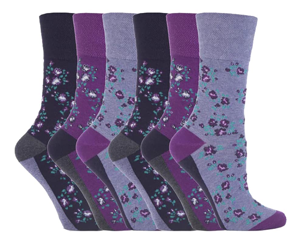 Get Top Marketing Women's Purple Floral Non Elastic, Gentle Grip, Diabetic Socks, Various Designs/Colours, Uk Size 4-8 (6 Pair Pack, )