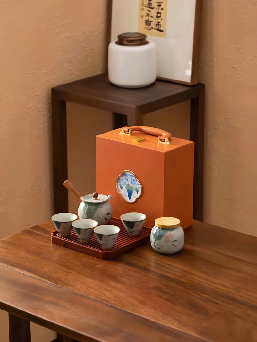 Travel Tea Set, 1 Teapot 4 Cups, Blue White Ge Kiln-set5