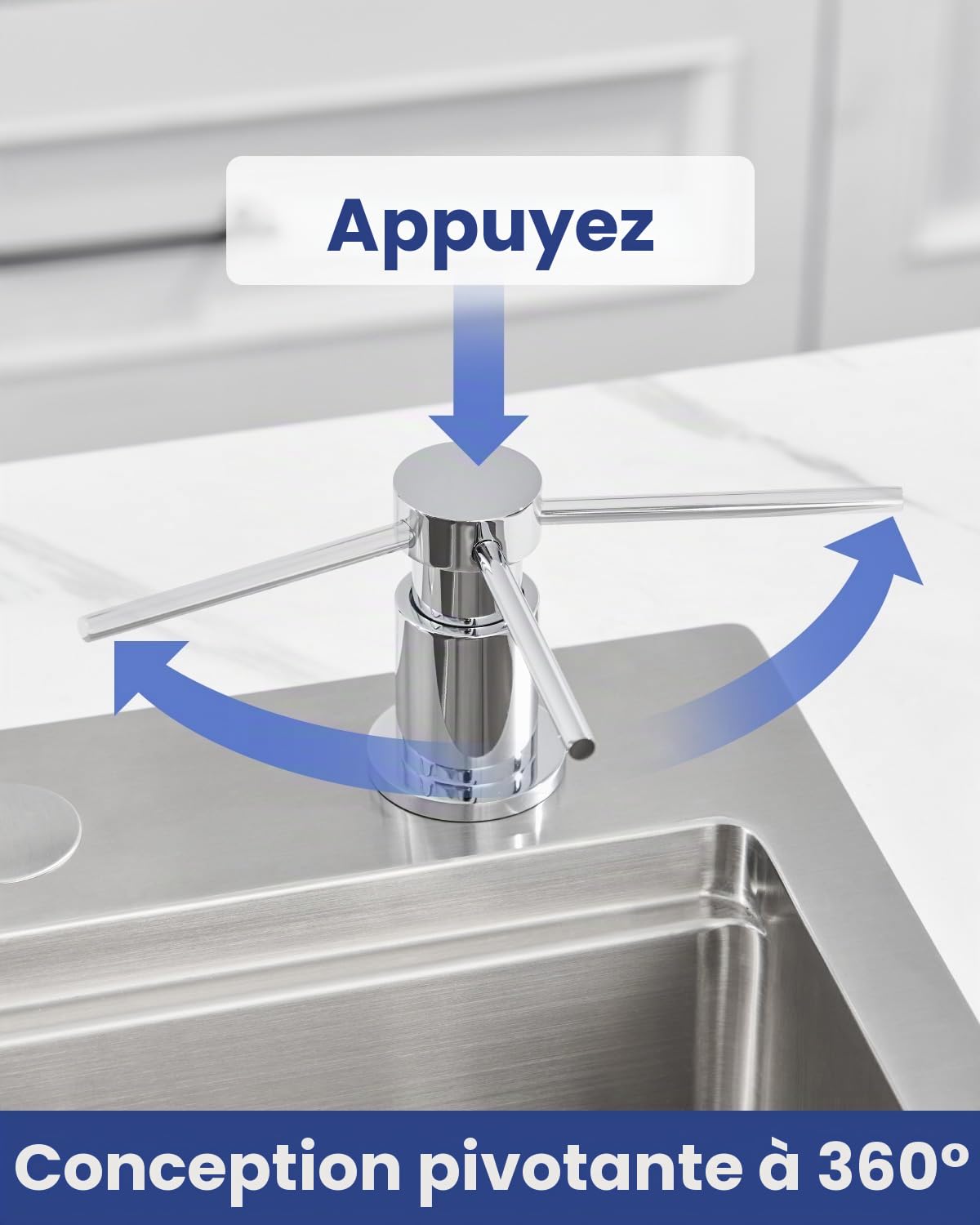 Distributeur de Savon Encastrable pour Cuisine, Distributeur Liquide Vaisselle Durable avec Écrous en Acier INOX 304(sans Plastique), Bouteille de 300ml et Tuyau de Rallonge de 1,25m, Chrome