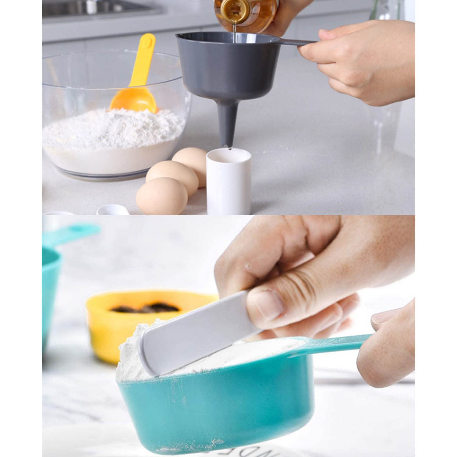 Misurino e Misurino Impilabile Set da 9 Pezzi Senza BPA Scale di Misurazione Multiple Pratico Utensili da Cucina con Imbuto Raschietto, 1000 Ml