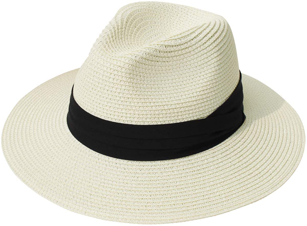 Lanzom Sombrero de paja Panamá enrollable para mujer, sombrero de playa Fedora UPF50+