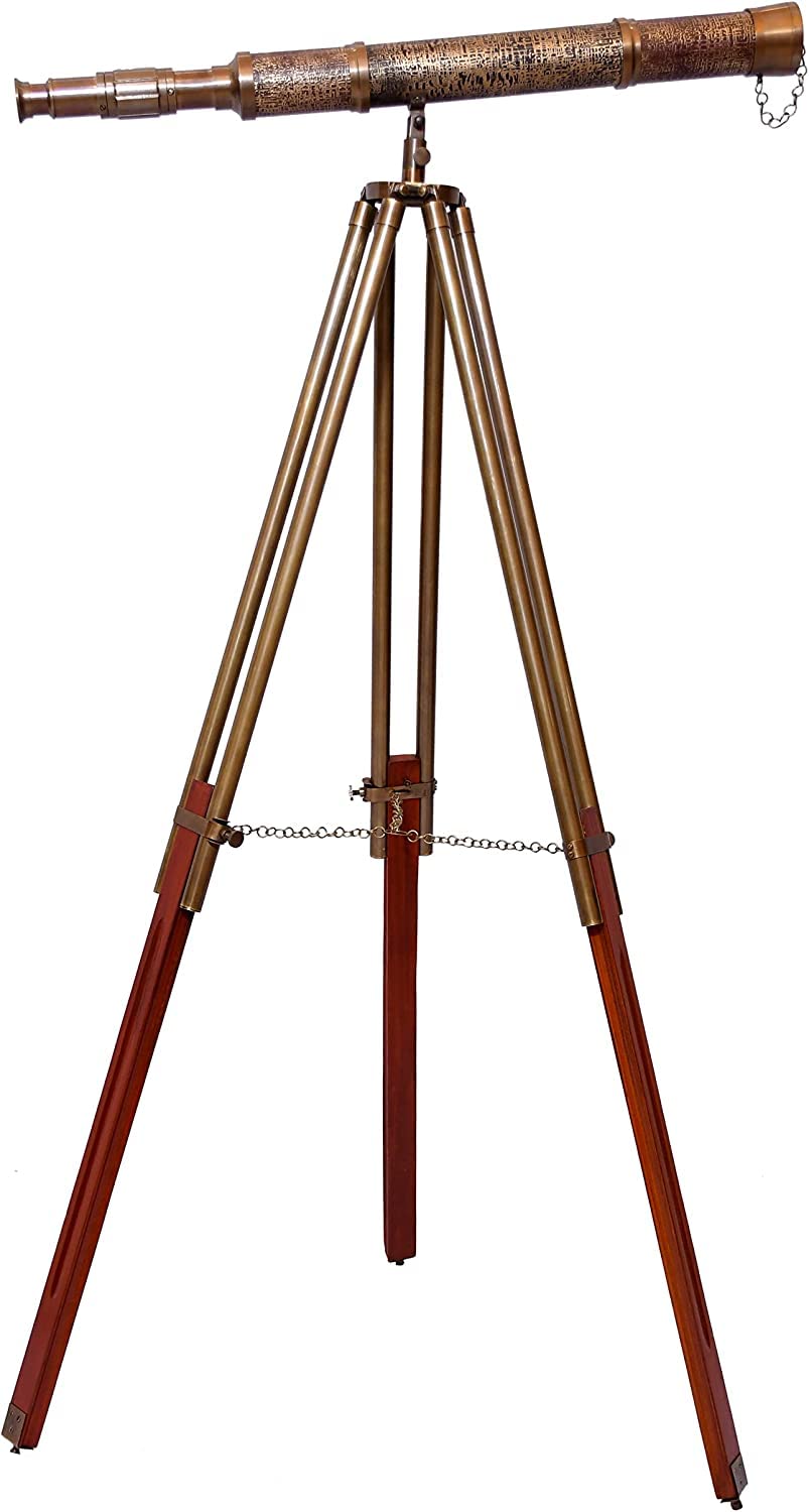 Nautical Ship Maritime Antique Brass Telescope Handmade Article Single Barrel Wooden/Brass Brown Adjustable Tripod Home & Office Decorative