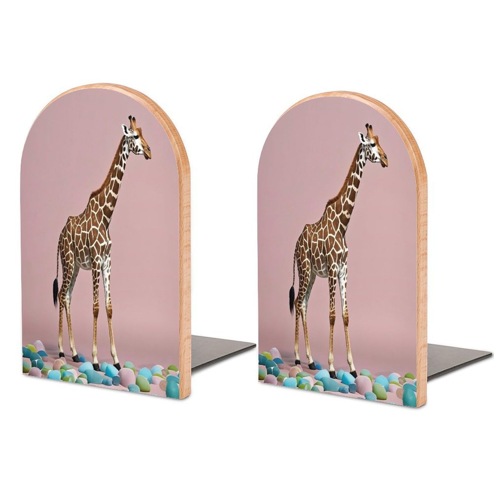 Cherry Giraffe Book Ends Wood Non-Skid Bookend for Shelves Heavy Duty Bookends with Metal Base Decorative Books Stopper Desk Organizers Book Dividers for Office Home 1 Pair