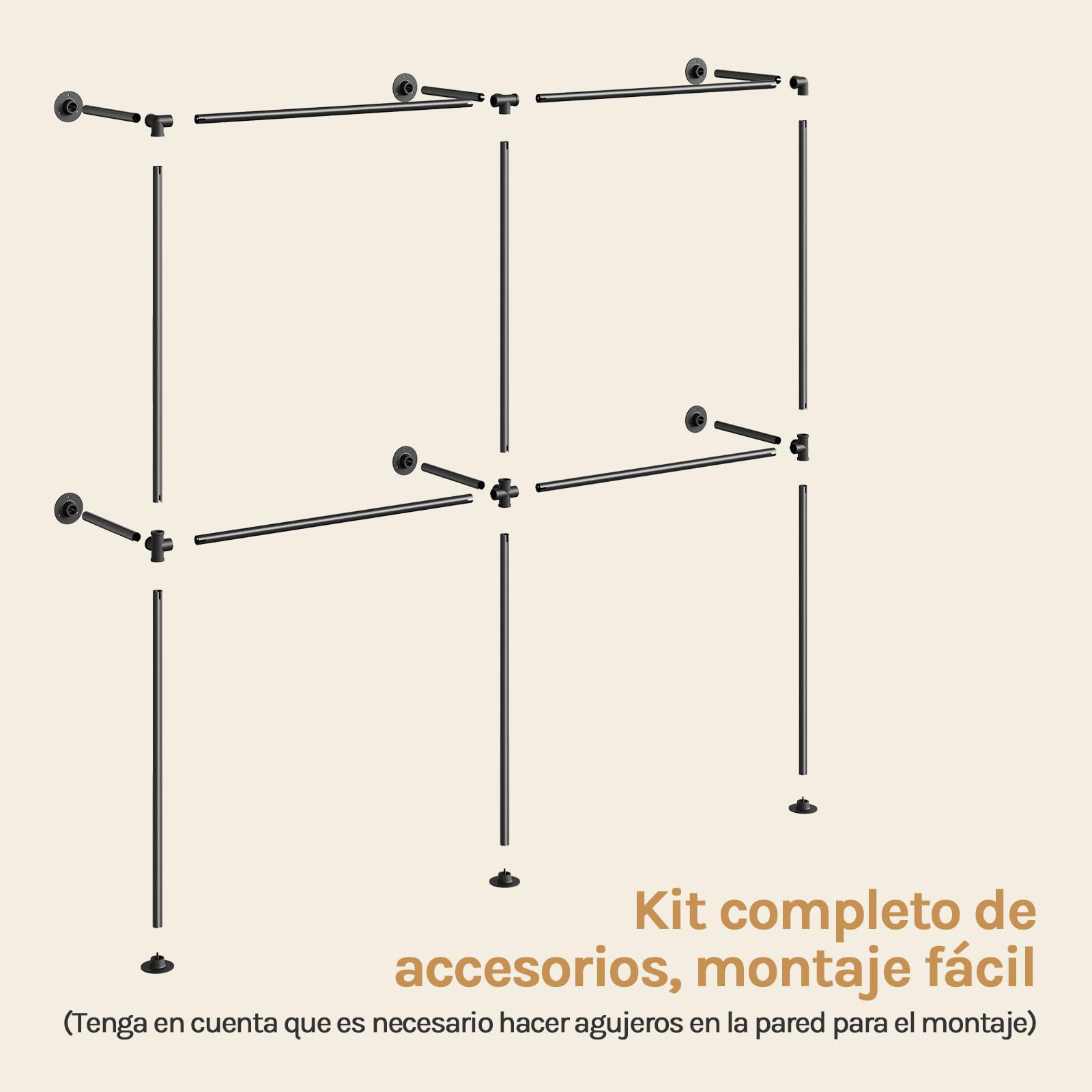 WOLTU Perchero de Pared Industrial, 4 Rieles para Colgar Ropa, Armario Abierto, Perchero Industrial de Tubos Metálicos, Barras Colgantes para Dormitorio y Vestidor, Negro, 193x36,5x187 cm