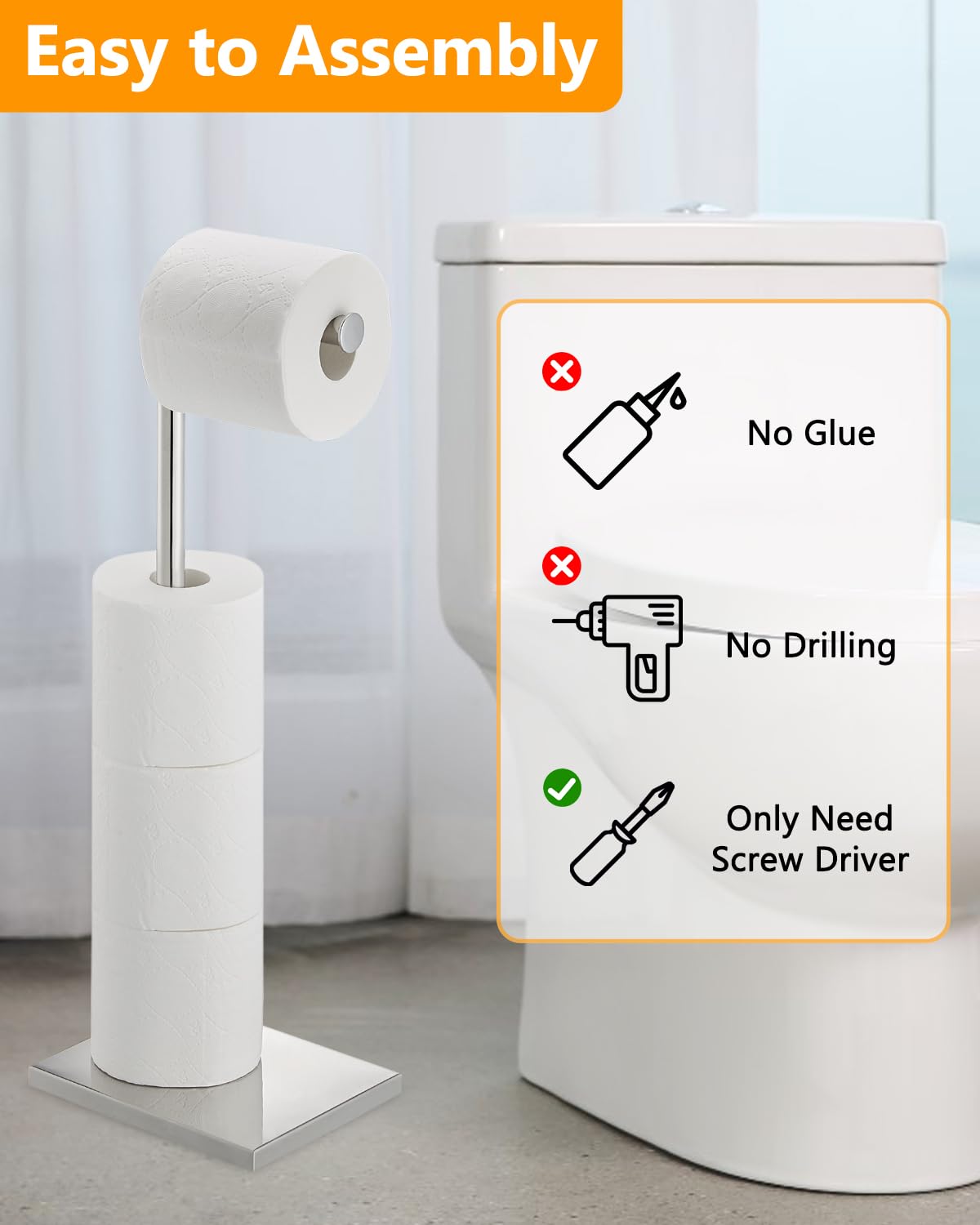 Toilet Paper Holder Stand, Stainless Steel Free Standing Toilet Paper Holder with Reserve for Bathroom, Modern Toilet Paper Stand, Chrome, YOFOVI — Amazon image 3