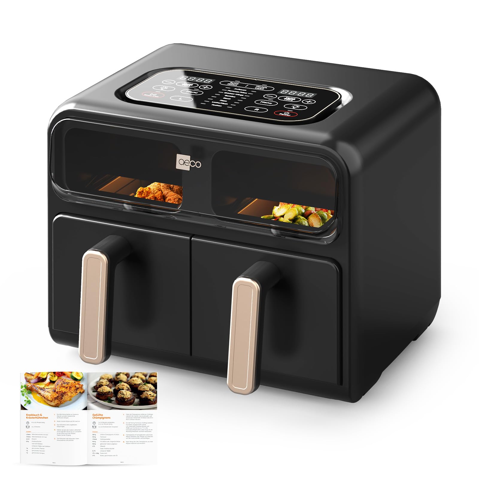aeco FryQ ELITE Duo XL8 Heißluftfritteuse2 Kammern | Dual Zone Airfryer 8L gesamt | Mit Sichtfenster, 2400W Sync-Funktion & Touch-Display | Zum Braten, Backen, Grillen | Ideal für Familie & Meal Prep