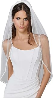 Wedding Veil Pearls and Crystals Beaded Edge 1 Tier Soft Tulle Fingertip Length Bridal Veil with Comb