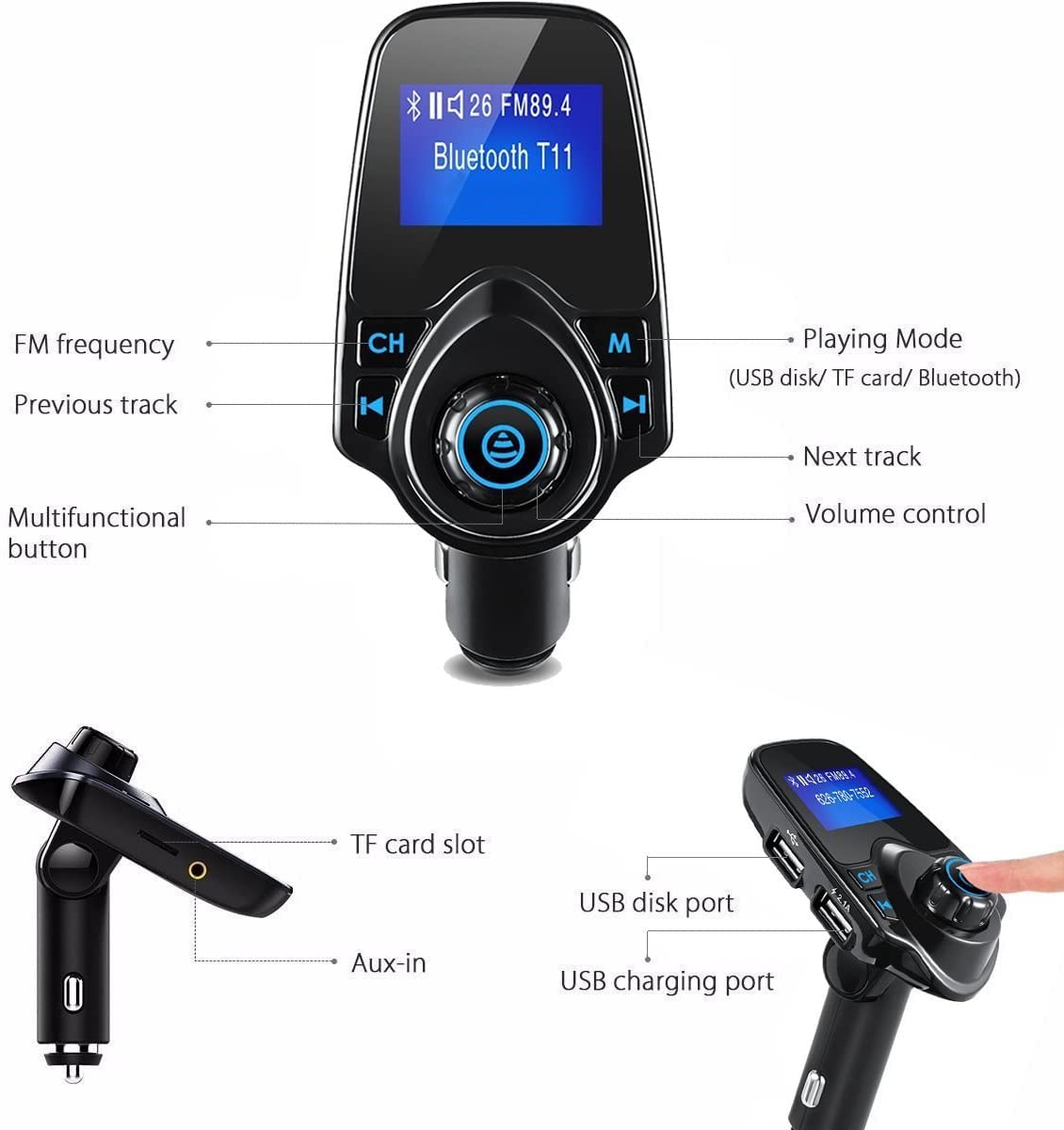 Winnes FM Transmitter, Bluetooth FM Transmitter KFZ Auto Radio Adapter Auto Ladegerät Zigarettenanzünder freisprecheinrichtung Car Kit mit 2 USB Ladegerät Kabelloses Auto Radio Sender T11