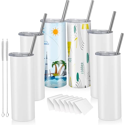 6 Pack Sublimation Tumbler - 20 oz Tumbler with Lid and Straw Insulated Tumbler Skinny Double Wall Tumbler Cups Travel Coffee Mug Stainless Steel Vacuum Mug with Metal Straw,Leak-Proof Lid,Shrink Wrap
