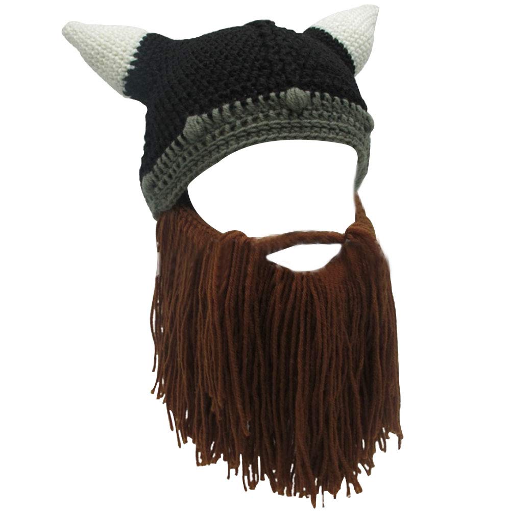 LerBen Men Women Knit Bearded Hats Handmade Wig Winter Warm Ski Mask Beanie (L-Brown)