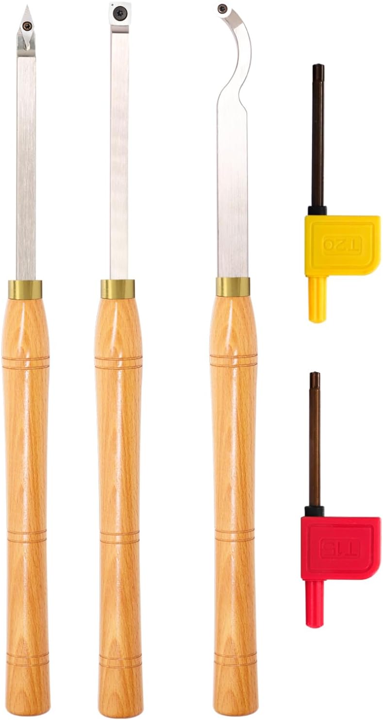 AT03 Carbide Tipped Wood Turning tools Lathe set Rougher Detailer Swan Neck Hollower with Solid Wood Handle and Diamond Round Square Carbide Inserts，3pcs